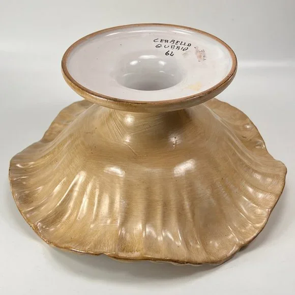 Vtg Cerbella Gubbio Ceramic Stoneware Pedestal Scalloped Fruit Bowl Floral Italy